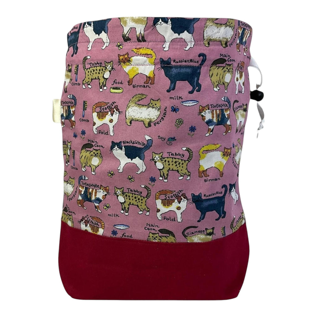 Two at a time knitting bag with cats, medium sock sack, pink drawstring divided, shoe, toiletries, work in progress bag , WIP bag