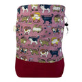 Two at a time knitting bag with cats, medium sock sack, pink drawstring divided, shoe, toiletries, work in progress bag , WIP bag