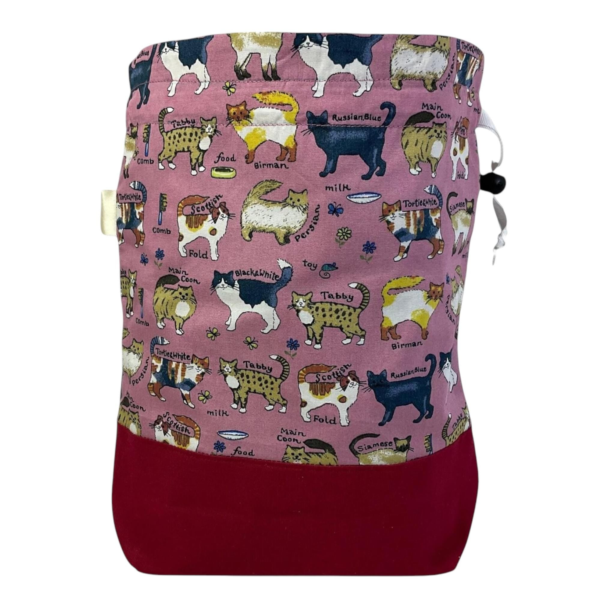 Two at a time knitting bag with cats, medium sock sack, pink drawstring divided, shoe, toiletries, work in progress bag , WIP bag
