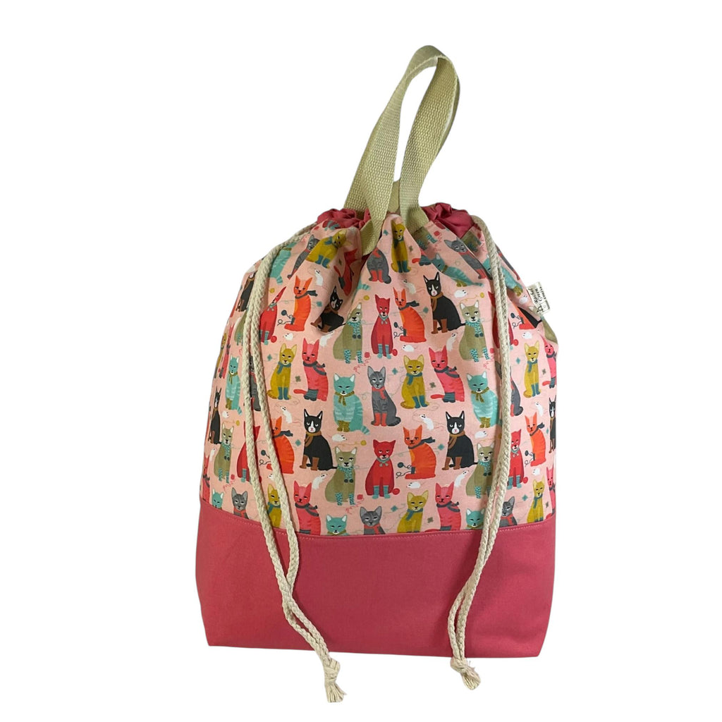 Extra Large drawstring knitting bag with cat print, multi pockets project bag with handle