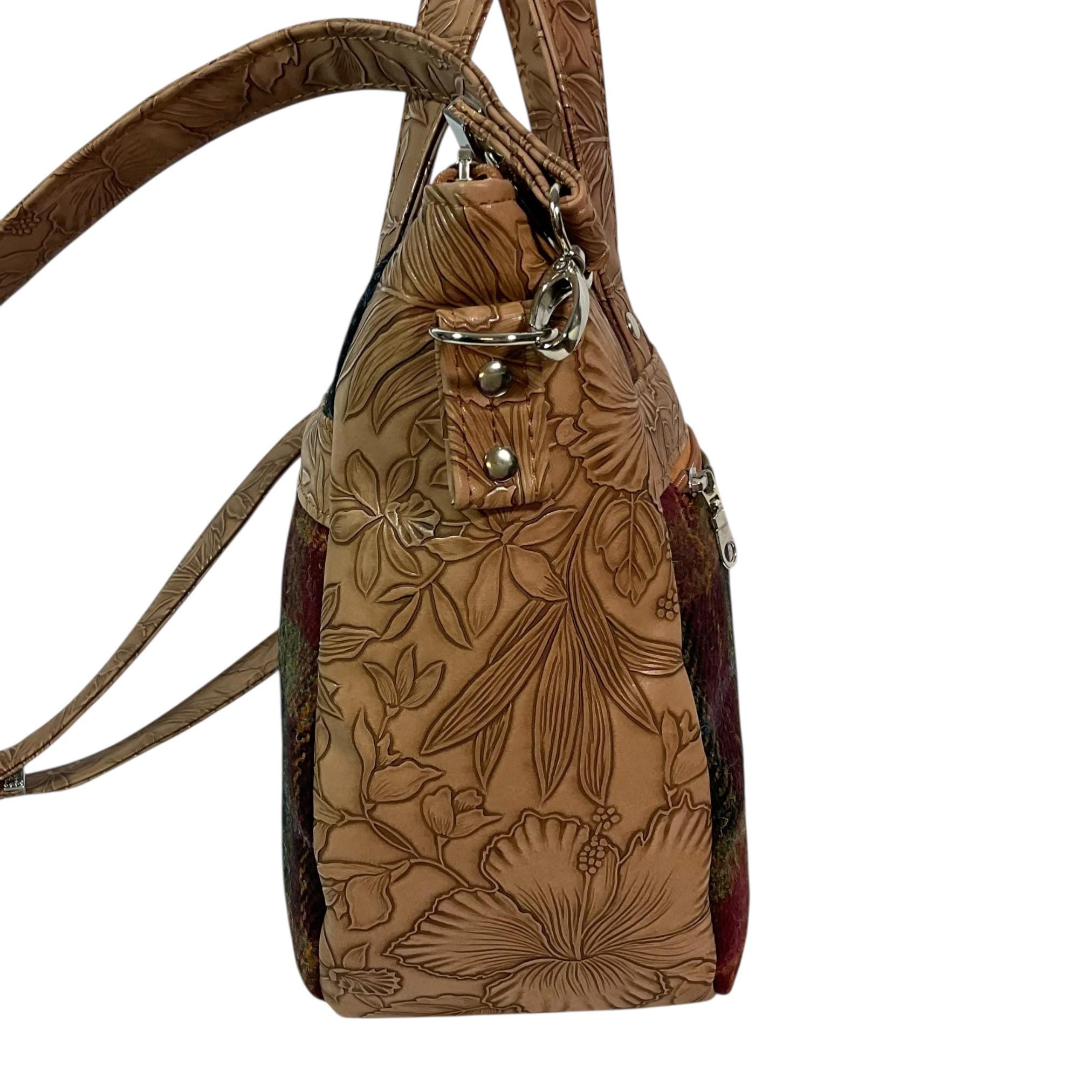 Harris tweed Crossbody Handbag, floral faux leather tote, caramel brown shoulder bag,  zip pocket large adjustable strap organiser bag