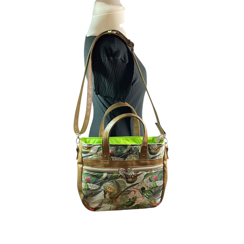 Hummingbird Crossbody Handbag made in caramel shade faux leather, unique large shoulder tote, zip pocket, perfect ladies gift
