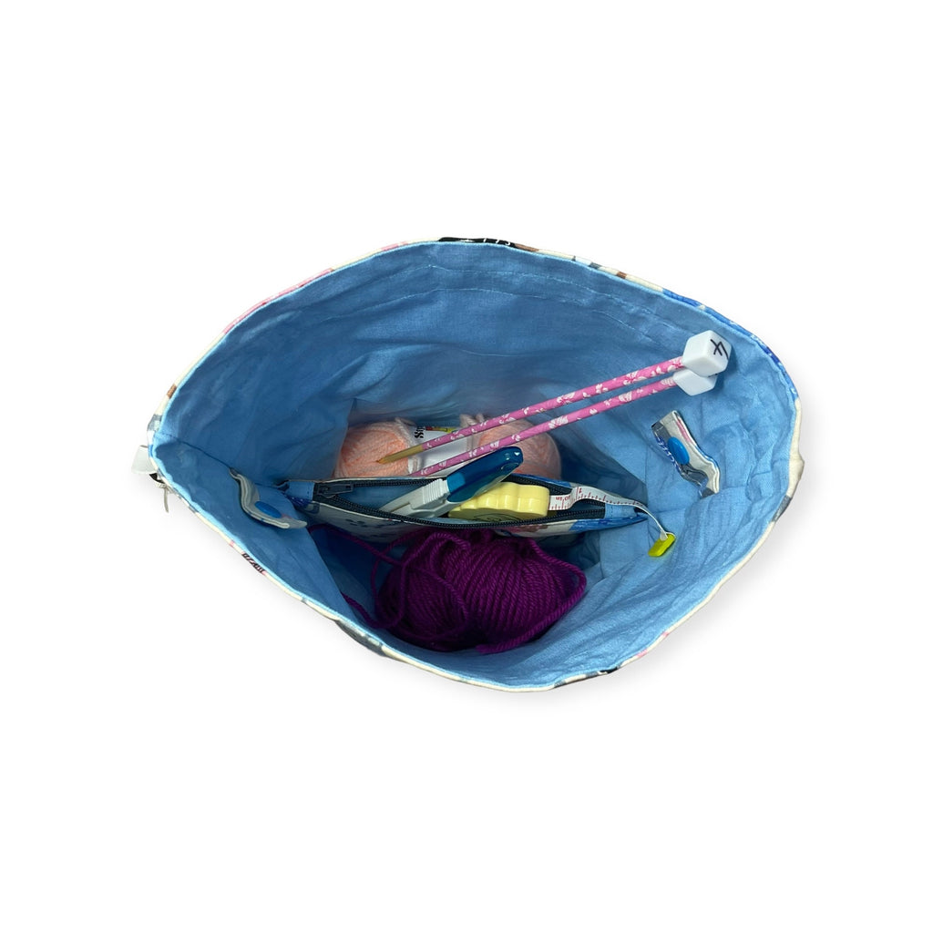 Two at a time knitting bag with cats, medium sock sack, blue drawstring divided, shoe, toiletries, work in progress bag , WIP bag