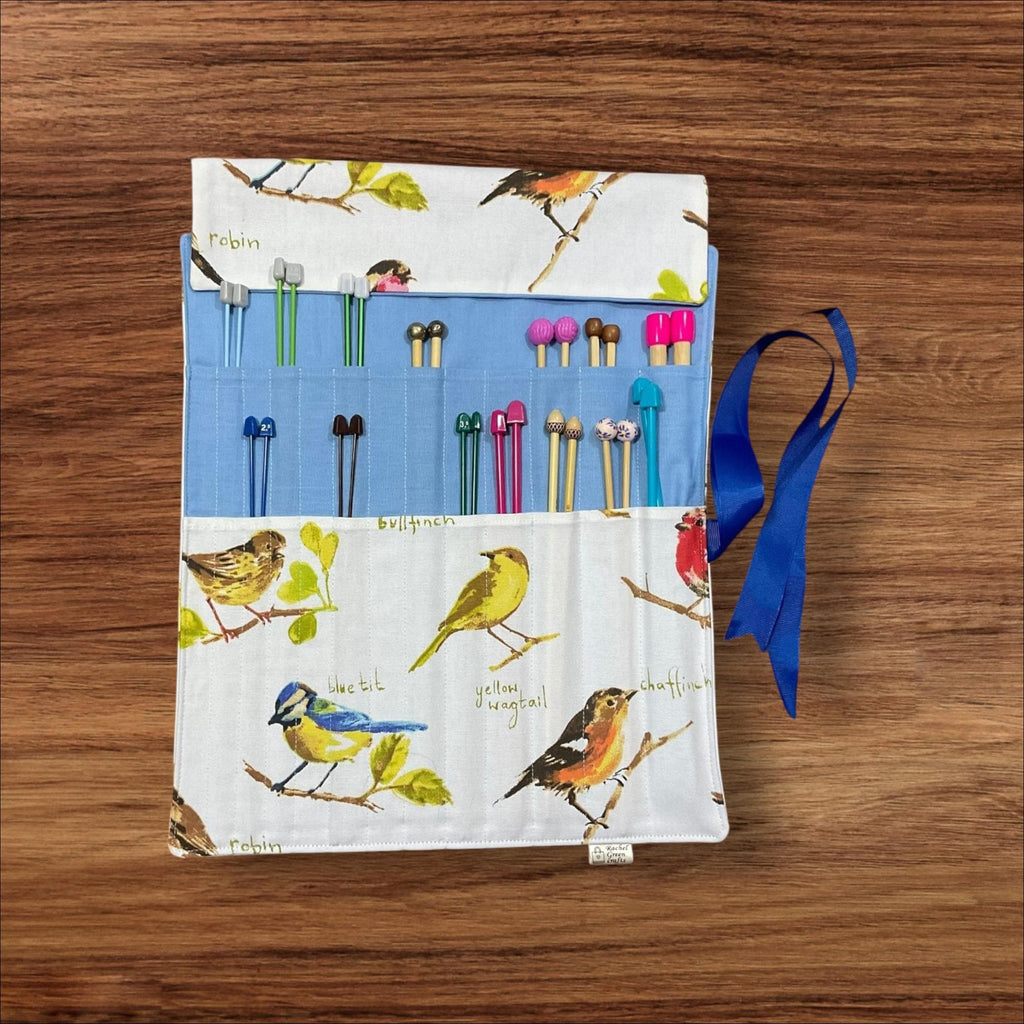 Straight knitting needle case with birds, ribbon tie needle roll storage,  knitters gift accessories, needle organiser