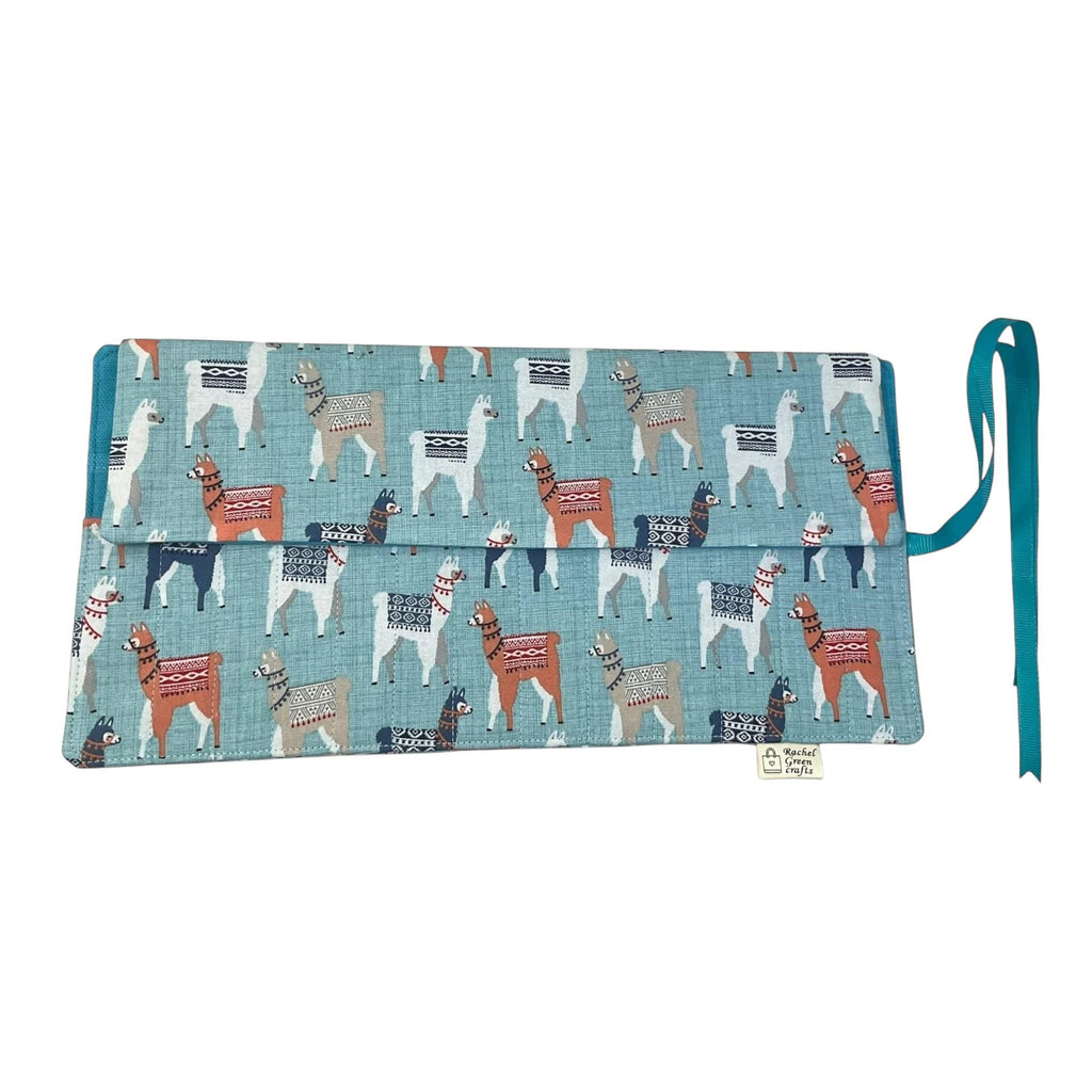 Crochet hook case with llamas, Ergonomic hook organiser, roll up short Dpn case, knitters gift, Crochet gift, crochet storage