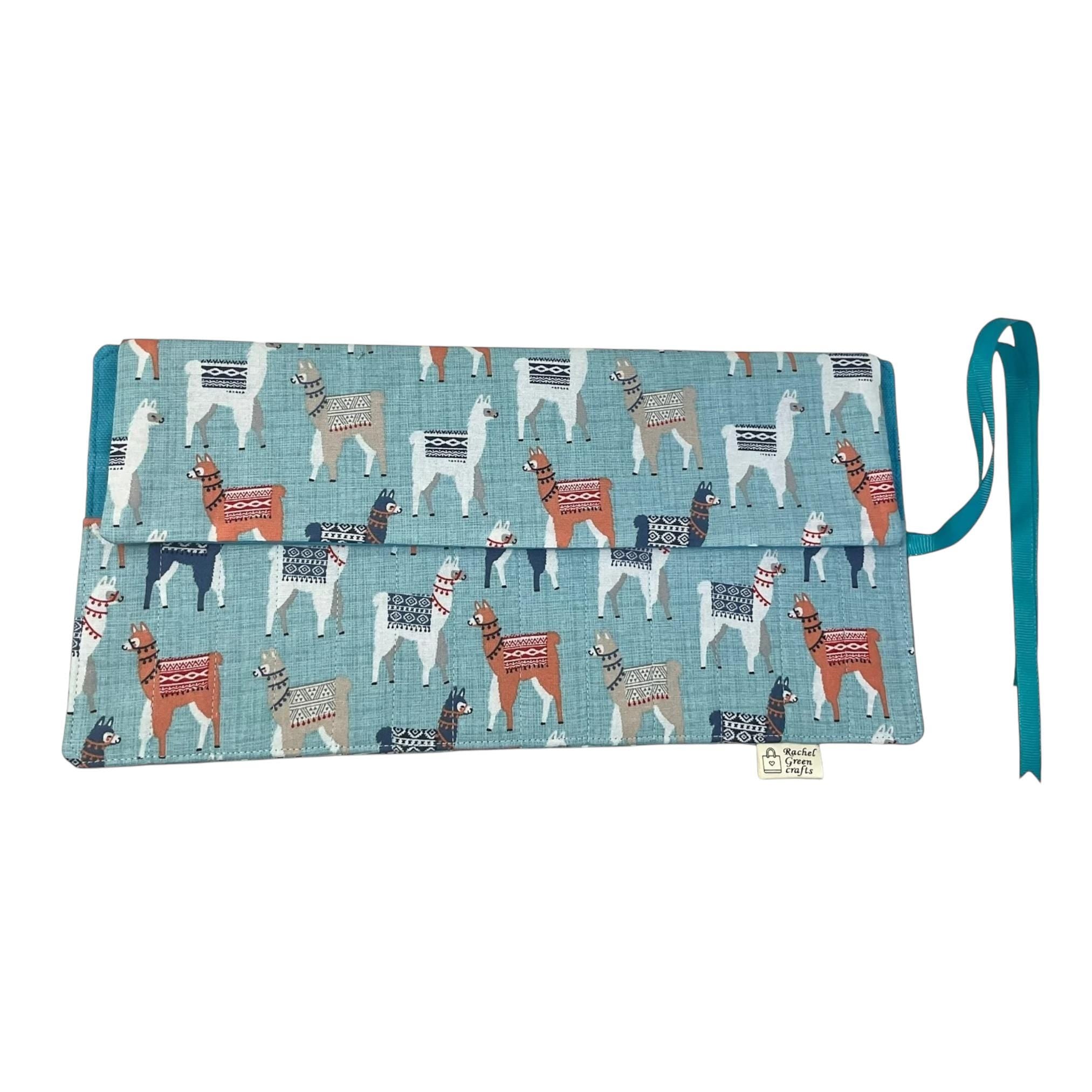 Crochet hook case with llamas, Ergonomic hook organiser, roll up short Dpn case, knitters gift, Crochet gift, crochet storage