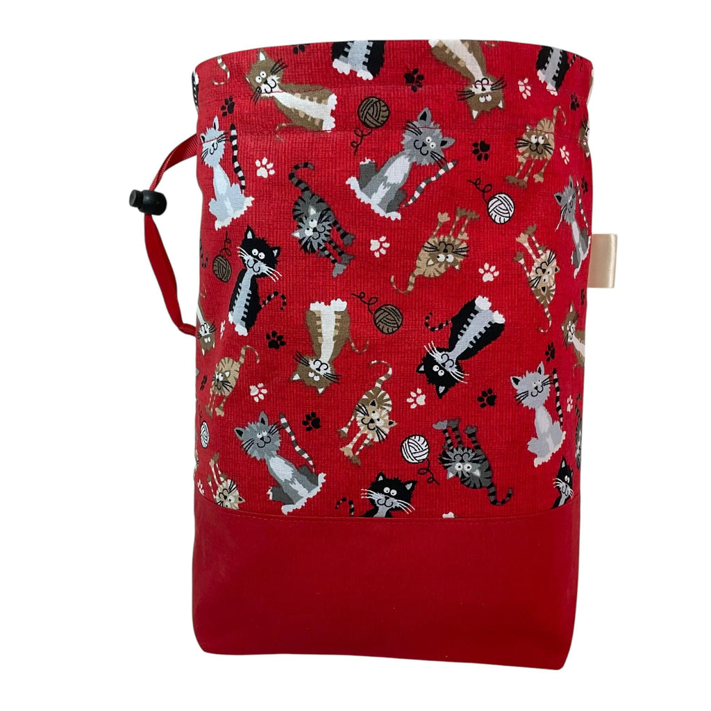Knitting and crochet bag, Two at a time project bag with cat print, drawstring divided sock sack, yarn work in progress pouch, craft gift