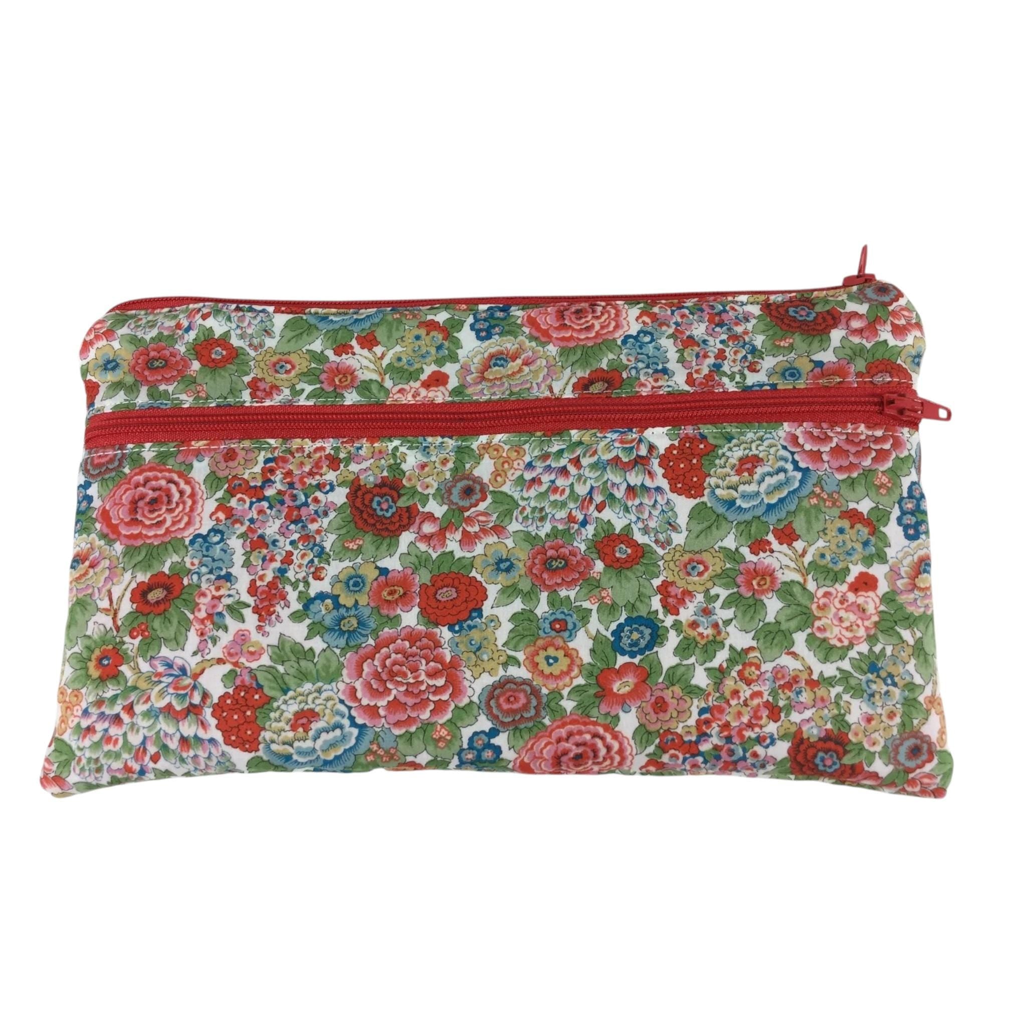 Liberty fabric two pocket pouch, double pocket cosmetics case, 2 section pencil storage, floral water resistant ladies gift, privacy