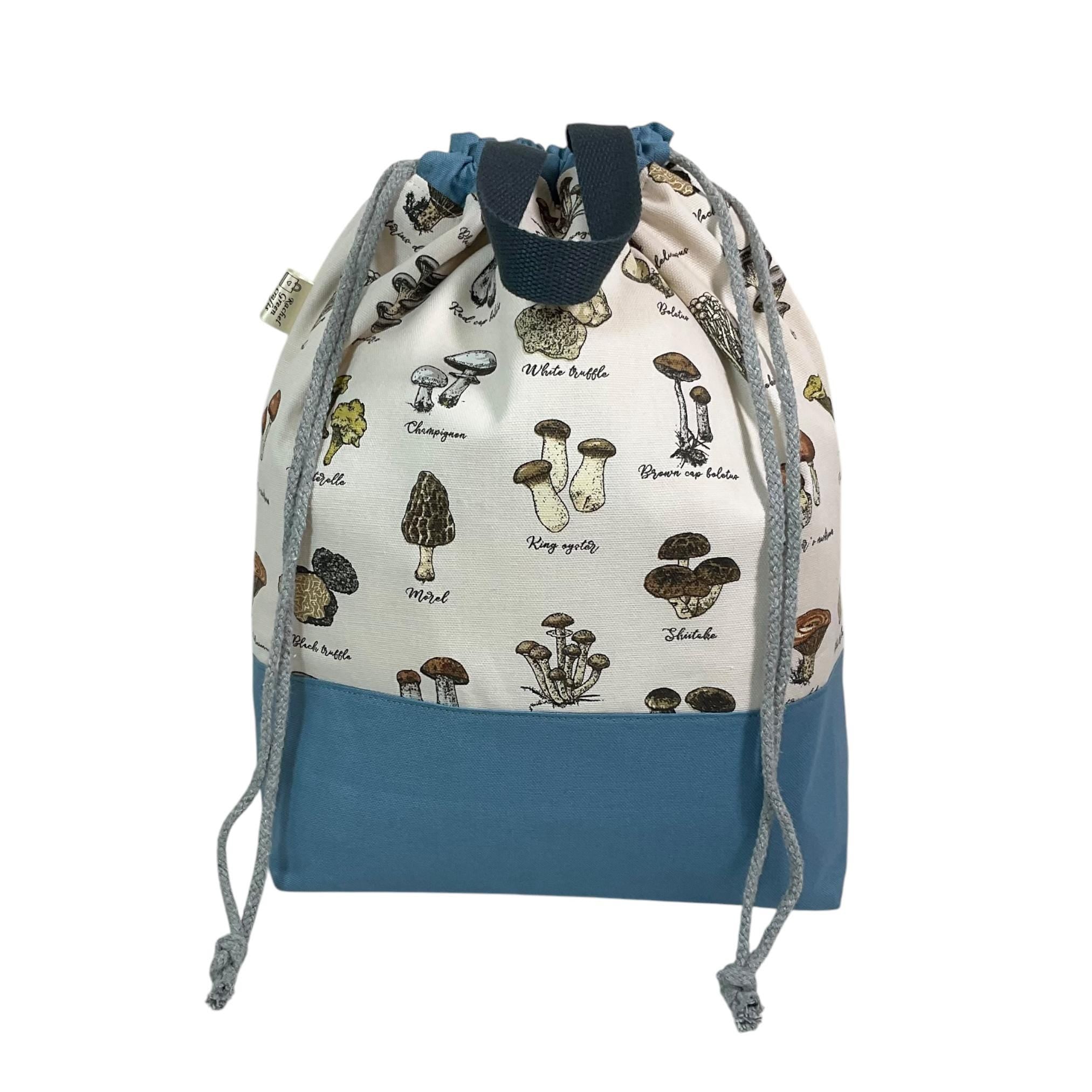 Extra Large drawstring knitting bag with mushroom and toadstool print, multi pockets cottage core project bag with handles