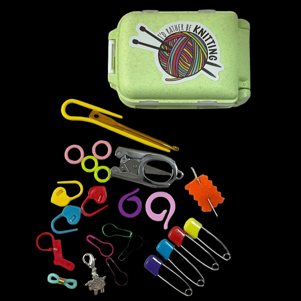 Knitting notions and accessories box filled with tools, butterfly,  sheep or cat motif, stitch marker 8 compartment organiser for crochet