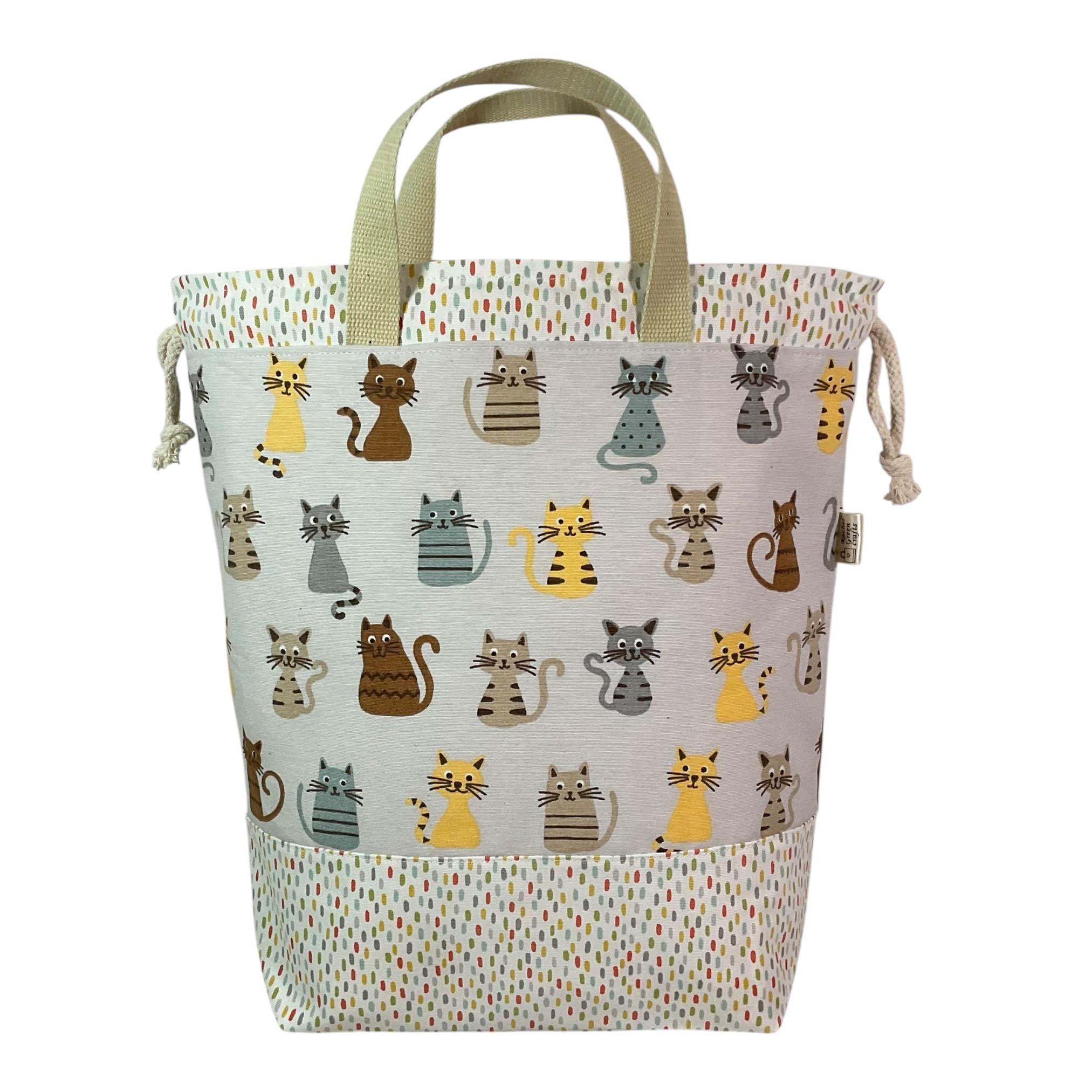 Extra Large drawstring knitting bag with cat print, multi pockets project bag with handles