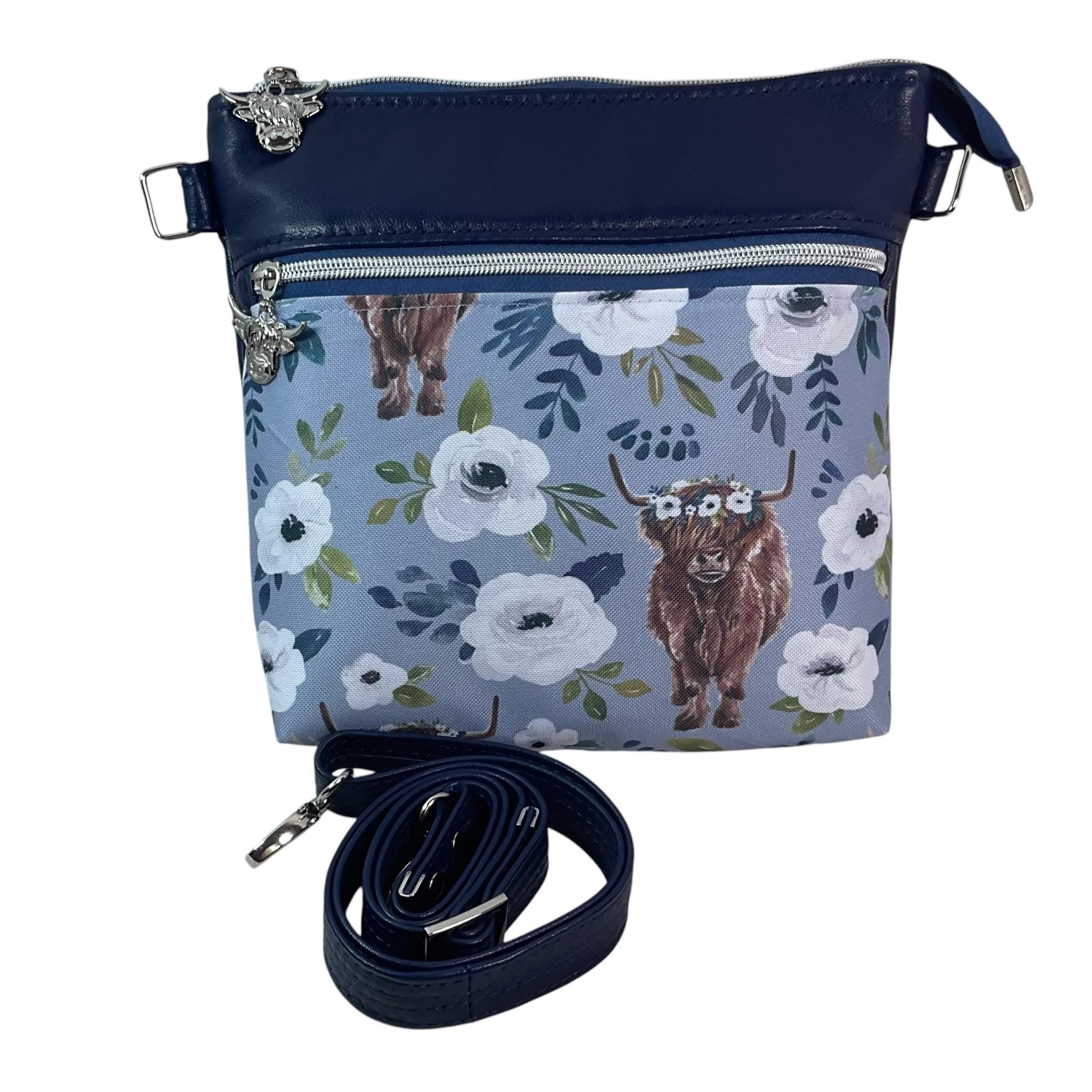 Royal Blue Lambs Leather Handbag: Highland Cow Floral Canvas Crossbody