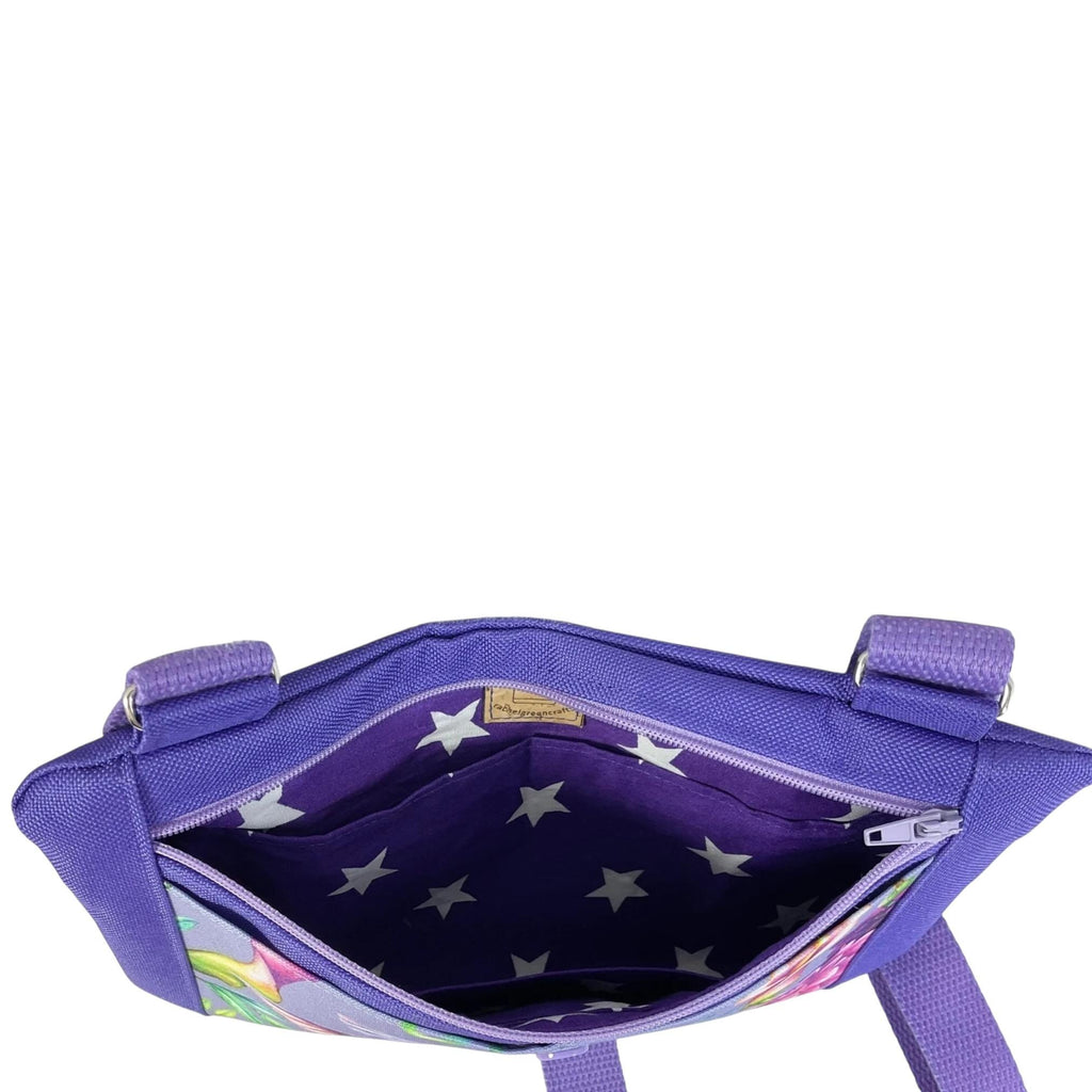 Small shoulder phone bag, flat hummingbird print Pouch, purple handbag, teenager purse, essentials bag