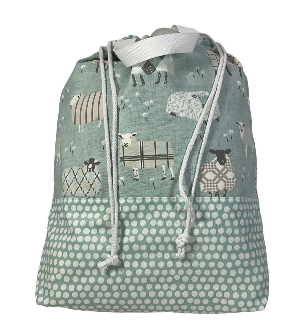 XXL  drawstring knitting bag with Turquoise coloured sheep print, supersized multi pockets project bag with handles