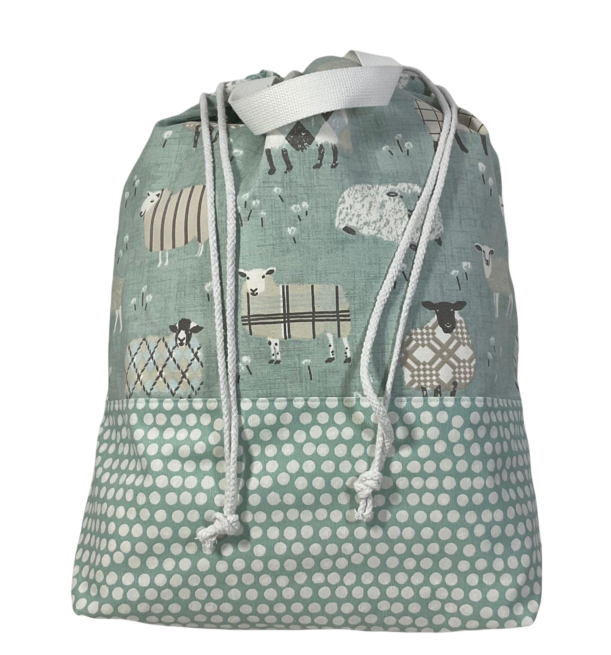 XXL  drawstring knitting bag with Turquoise coloured sheep print, supersized multi pockets project bag with handles