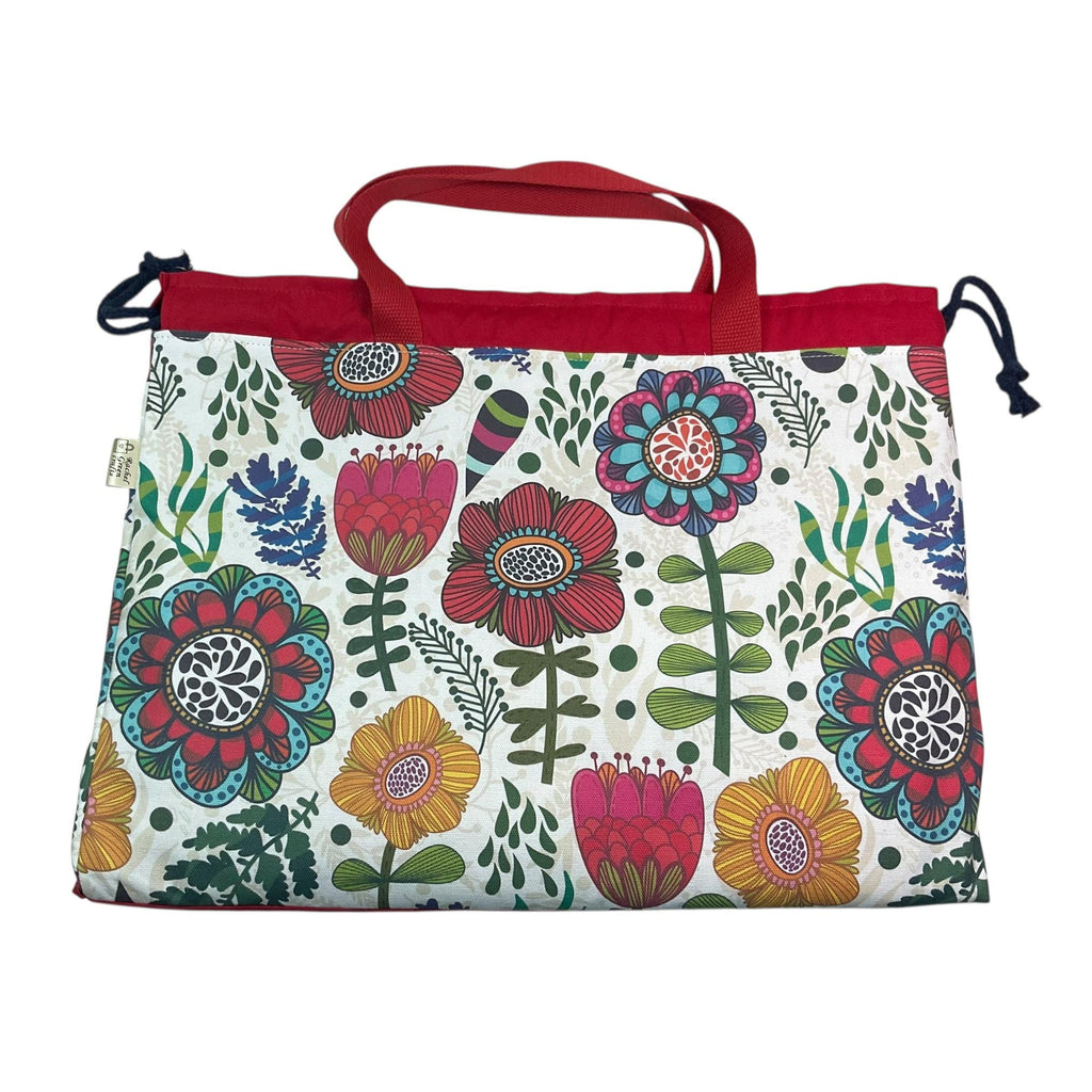 XXL  drawstring knitting bag with bright floral print, supersized multi pockets project bag with handles, flower lovers knitters gift