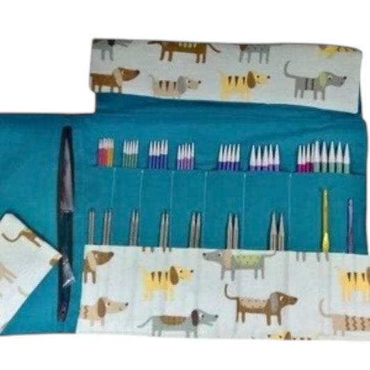 interchangeable and double pointed knitting needle case with dogs