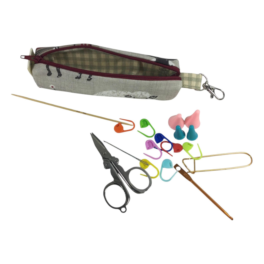 Knitting and crochet travel notions kit, clip on knit bag travel kit, stitch markers, accessories pouch, travel scissors, crafting kit