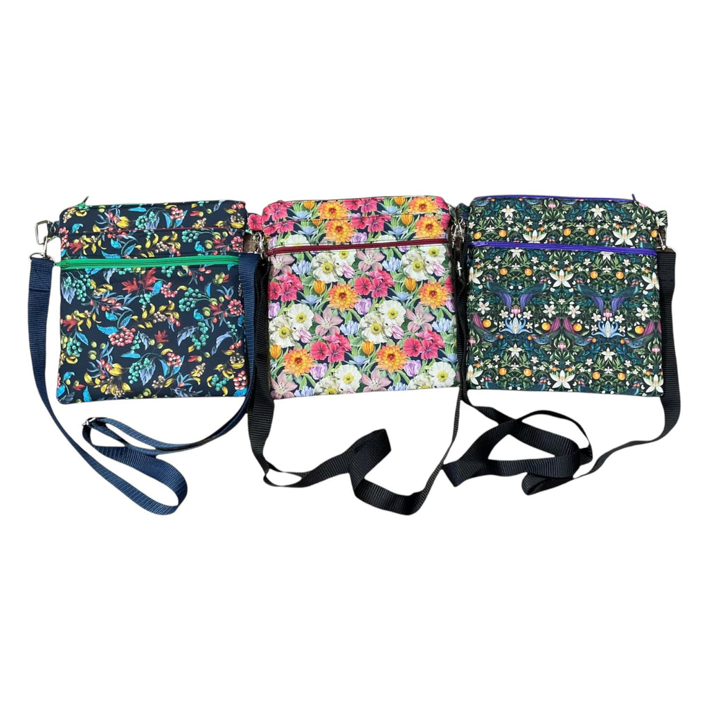 Liberty fabric slim shoulder bag with multi pockets, messenger style paisley  floral phone purse