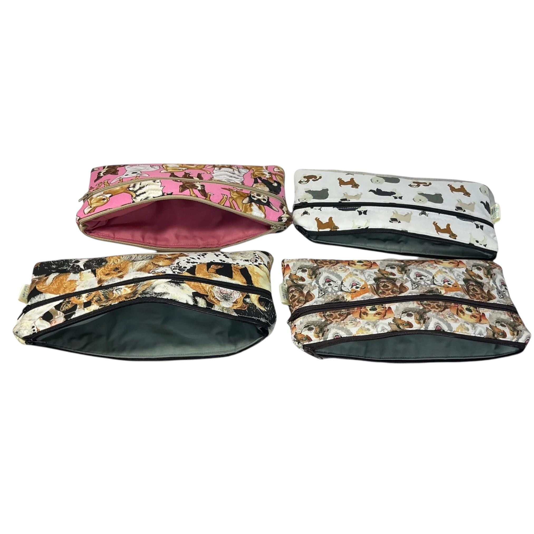 2 pocket zip pouch with various dogs breeds, double pocket case for glasses and phone holder, crafting dog lover gift, water resistant