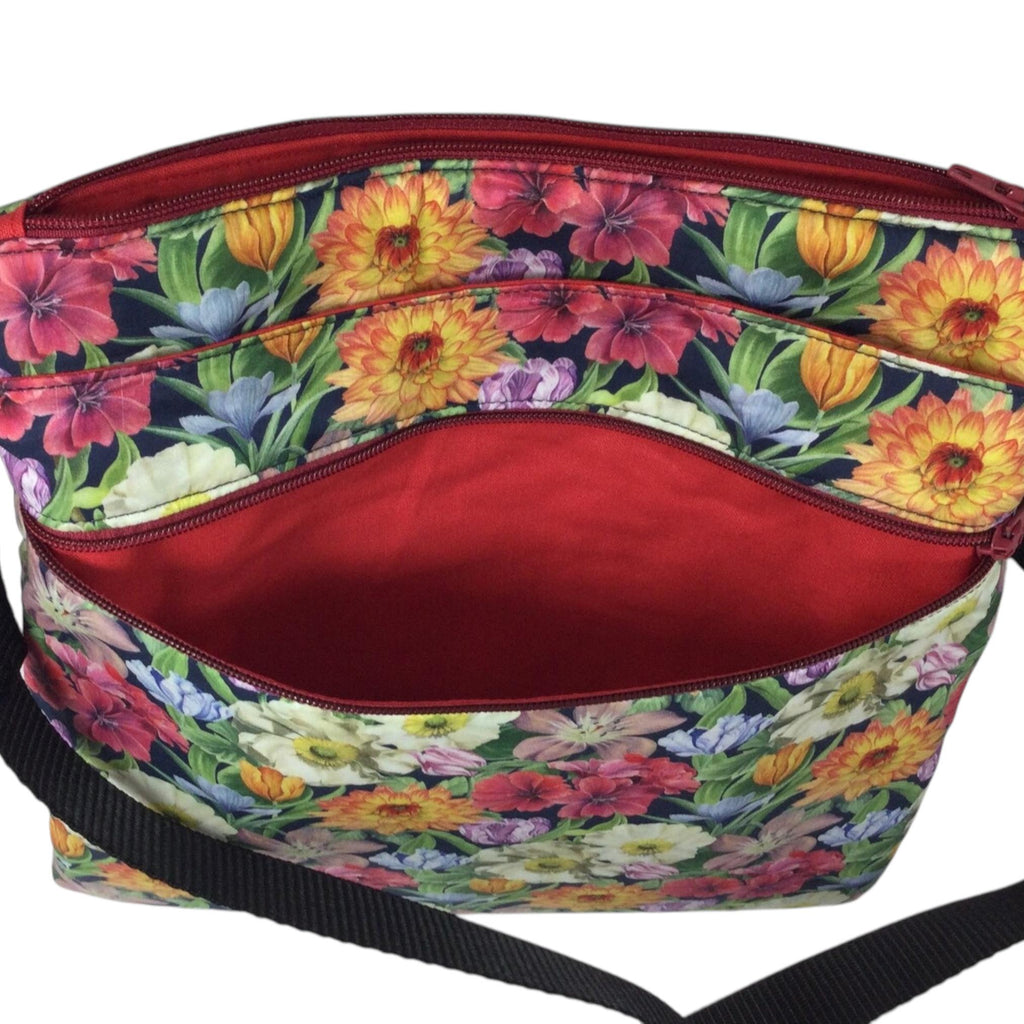Liberty fabric slim shoulder bag with multi pockets, messenger style paisley  floral phone purse