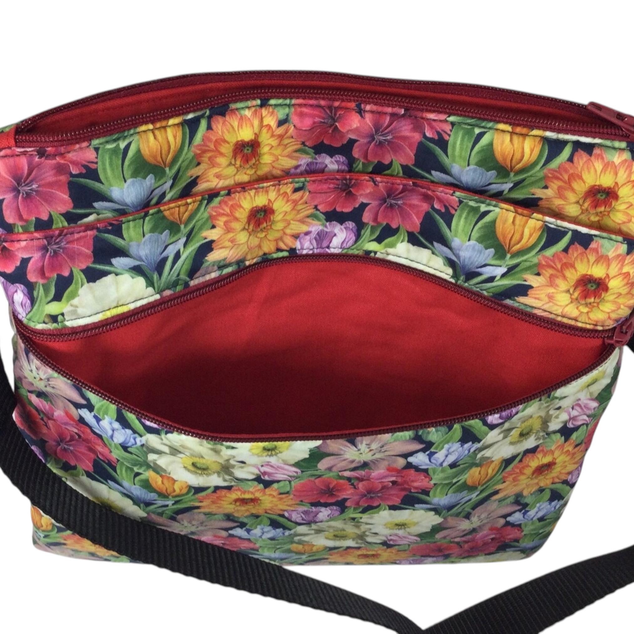 Liberty fabric slim shoulder bag with multi pockets, messenger style paisley  floral phone purse