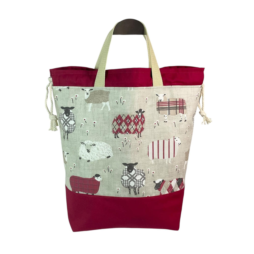 Extra Large drawstring knitting bag with red sheep print, multi pockets project bag with handles