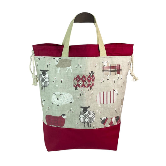 Extra Large drawstring knitting bag with red sheep print