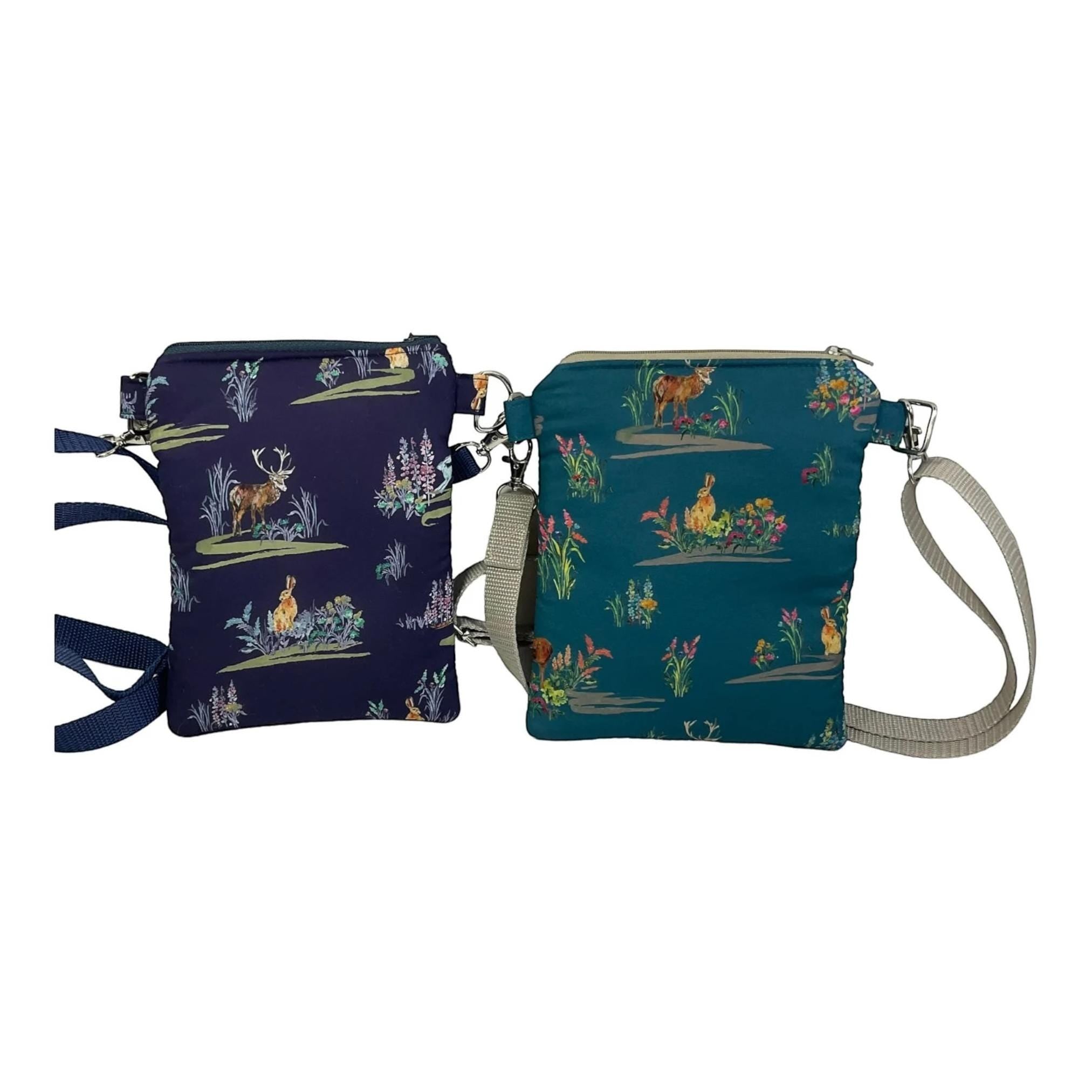 Liberty fabric slim phone shoulder bag with multi pockets, teen messenger style floral phone pouch, mini clutch bag, clubbing festival bag,