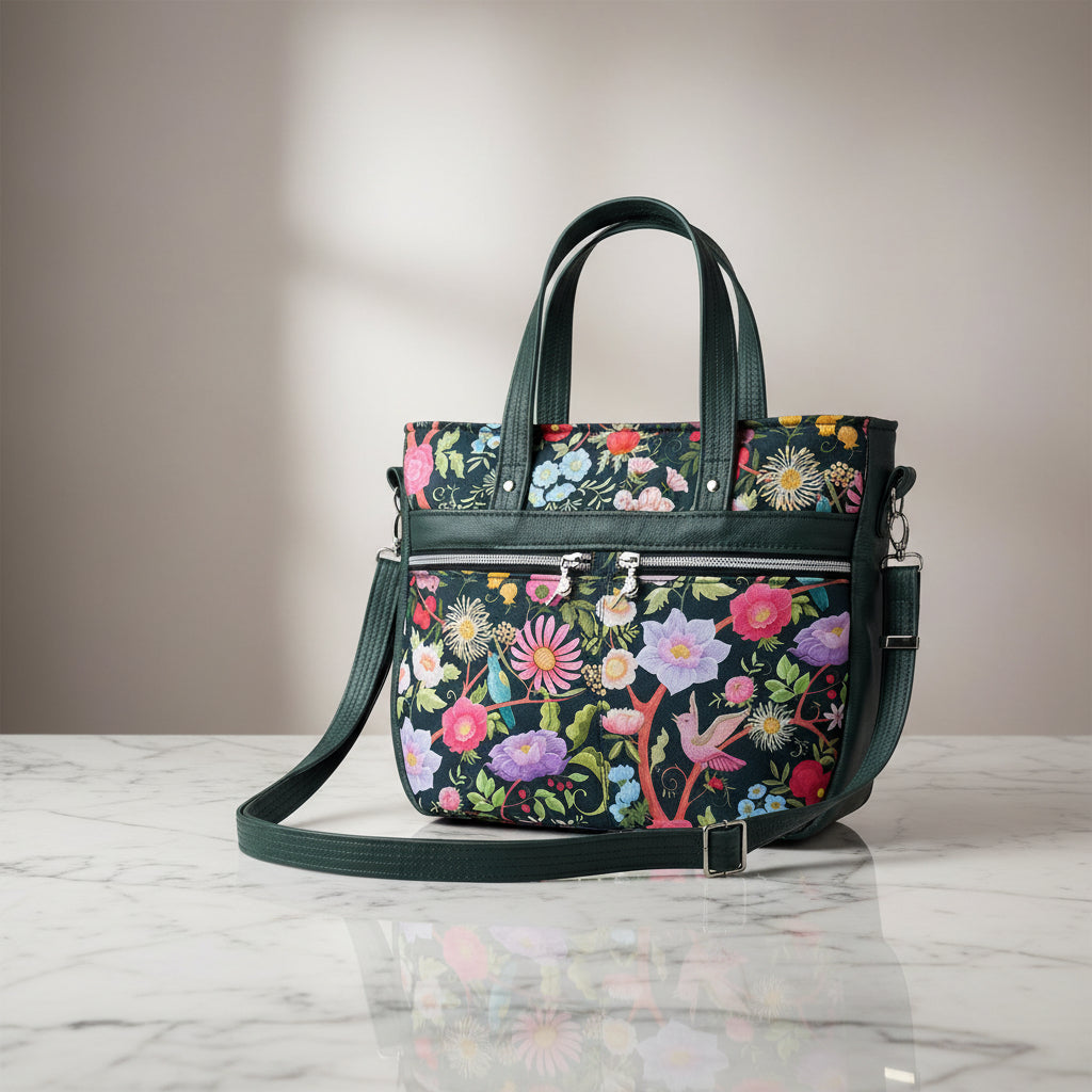Crossbody Handbag with floral bird print, made in genuine leather, unique large woodland shoulder tote, zip pocket,  ladies gift