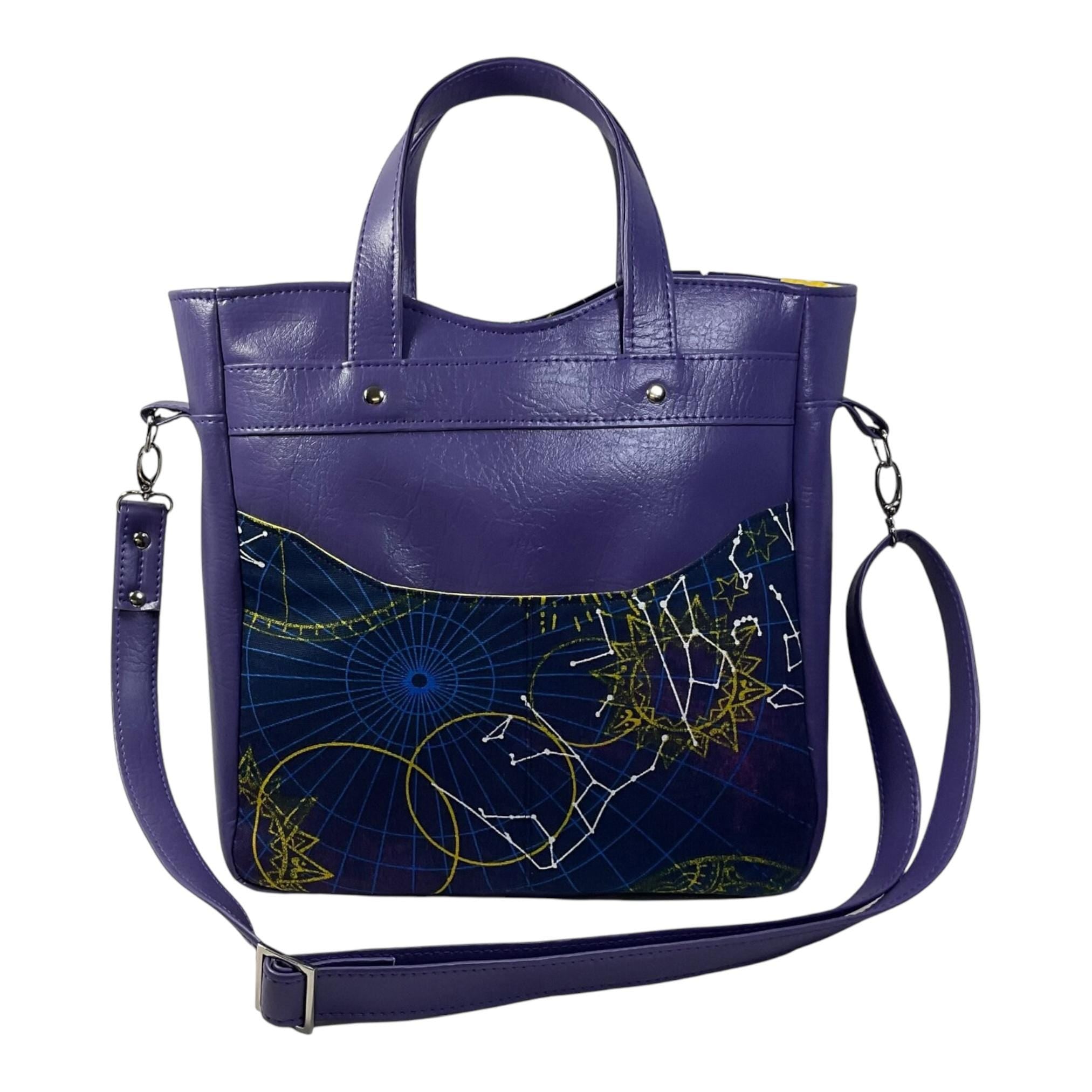 Handbag in faux leather and astrological space print, vegan ladies gift, handles and crossbody strap bag, rectangular shoulder zip pouch,