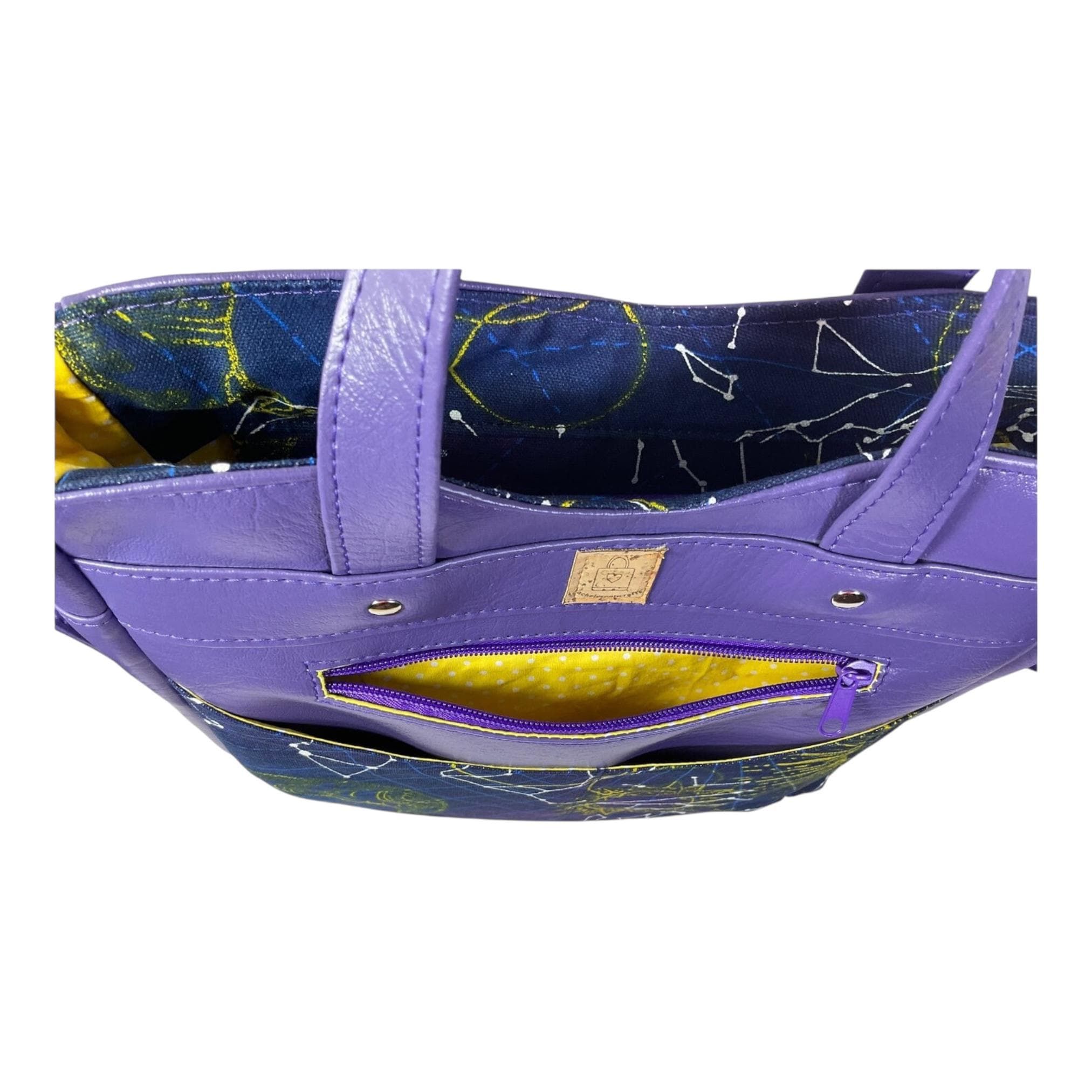 Handbag in faux leather and astrological space print, vegan ladies gift, handles and crossbody strap bag, rectangular shoulder zip pouch,