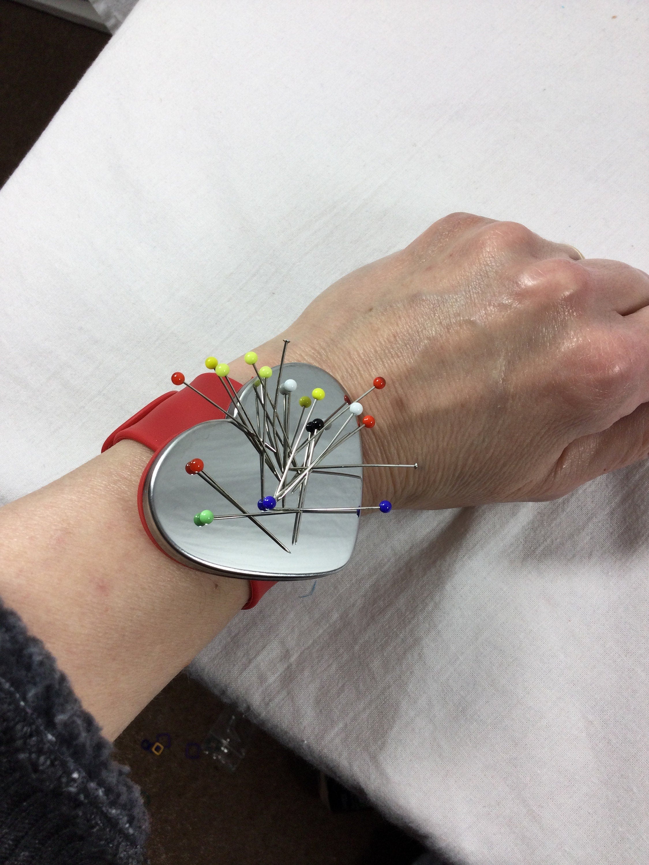 Magnetic wrist bracelet, slap band, knitters and sewers holder, sewing pin wrist, tool holder, hairdresser pin minder, Valentines gift