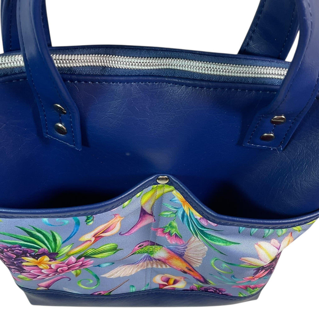 Handbag in faux Leather and floral hummingbird print  fabric, medium tote style zip top shoulder crossbody with carry handles