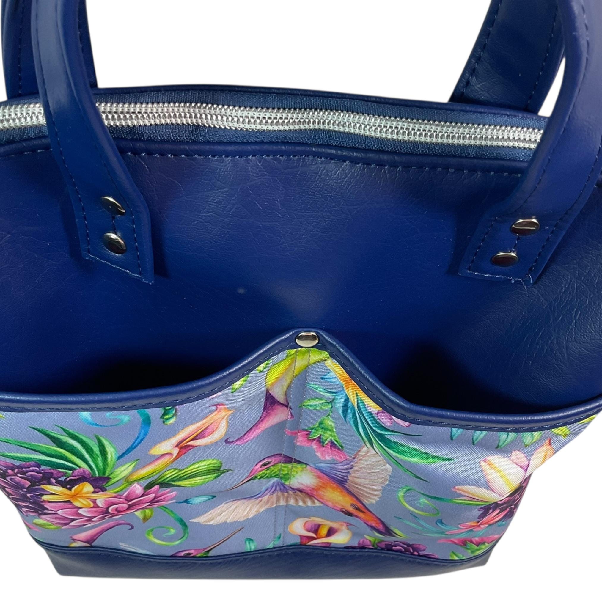 Handbag in faux Leather and floral hummingbird print  fabric, medium tote style zip top shoulder crossbody with carry handles