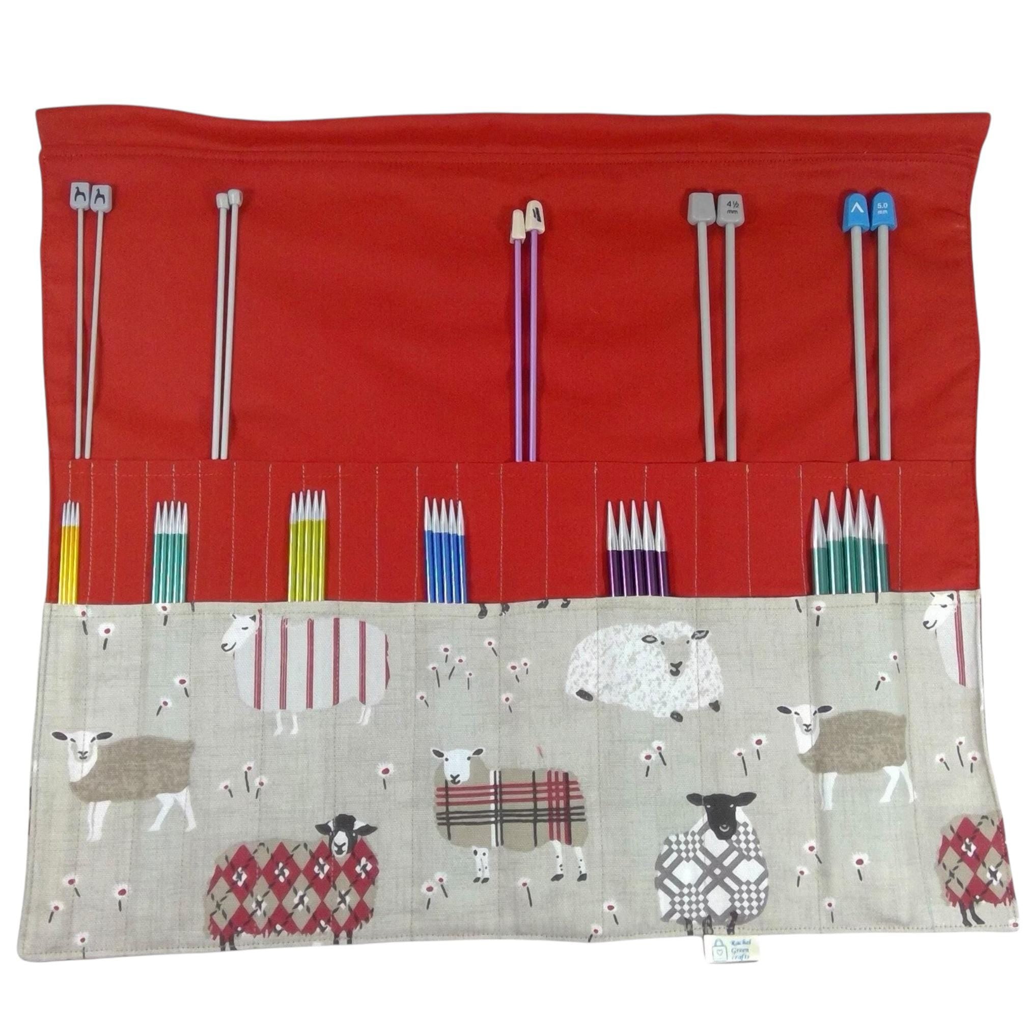 Straight and double pointed knitting needle case with red sheep, knitting needle pouch,  needle storage, long needles wallet, sock needle