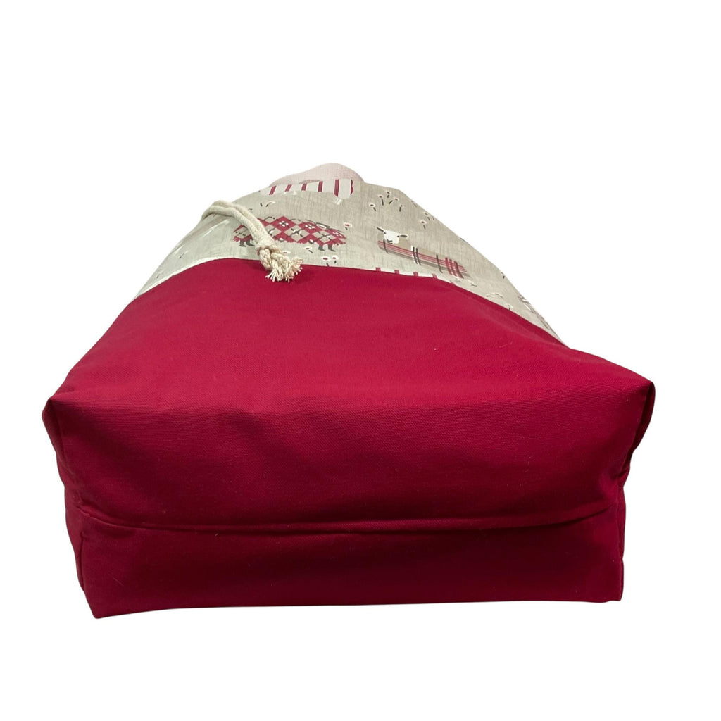 XXL  drawstring knitting bag with Red coloured sheep print, supersized multi pockets project bag with handle
