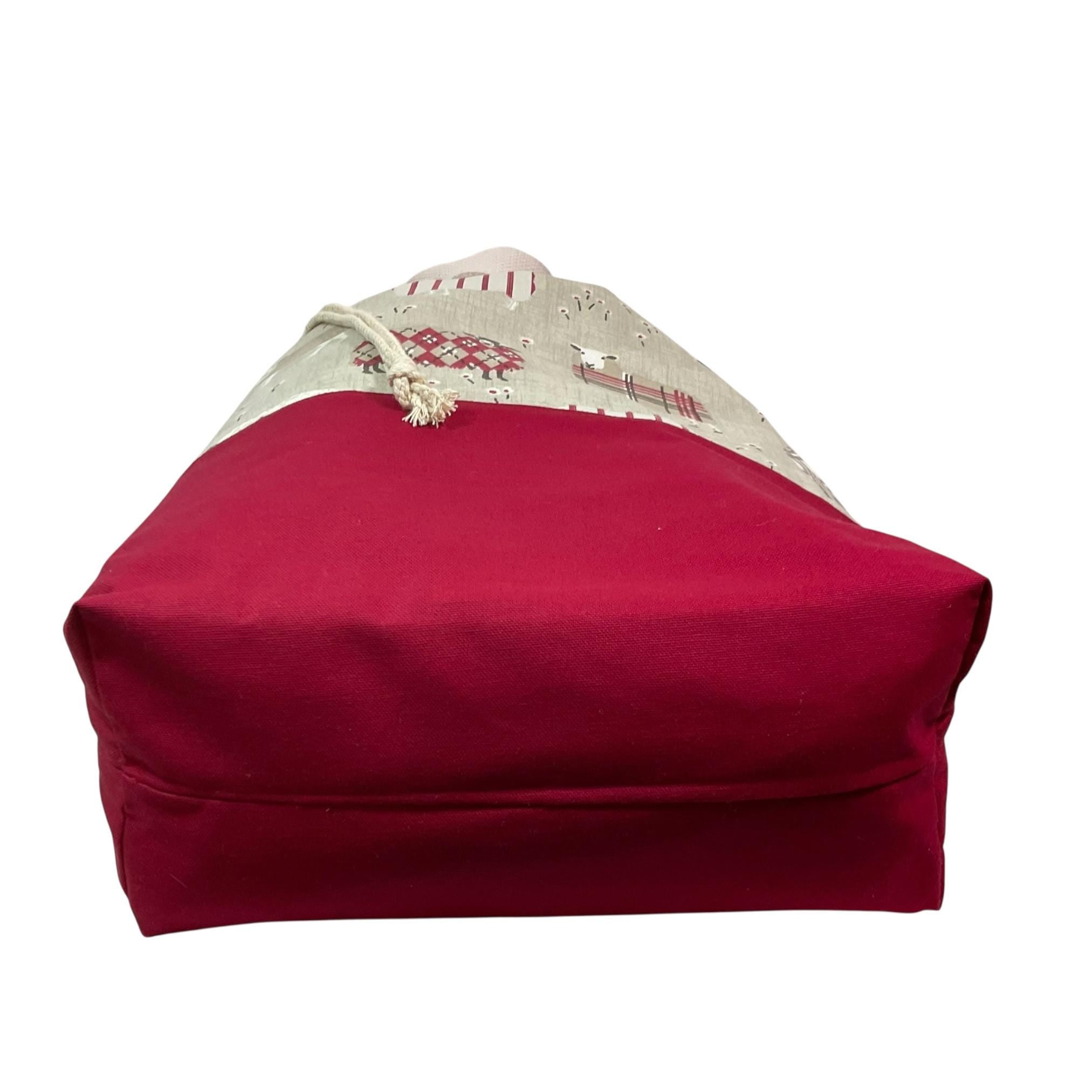 XXL  drawstring knitting bag with Red coloured sheep print, supersized multi pockets project bag with handle