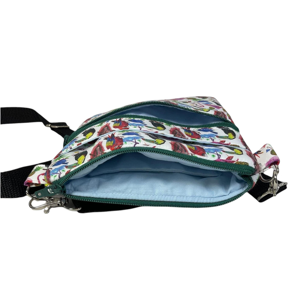 Liberty fabric slim shoulder bag with multi pockets, messenger style pink and purple floral phone purse, teenager bag