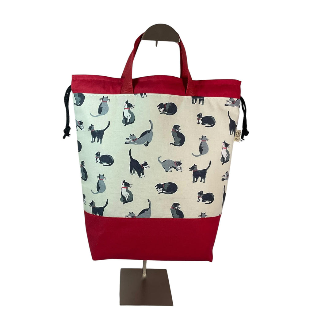 Extra Large drawstring knitting bag with cat print, multi pockets project bag with handles