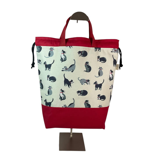 Extra Large drawstring knitting bag with cat print