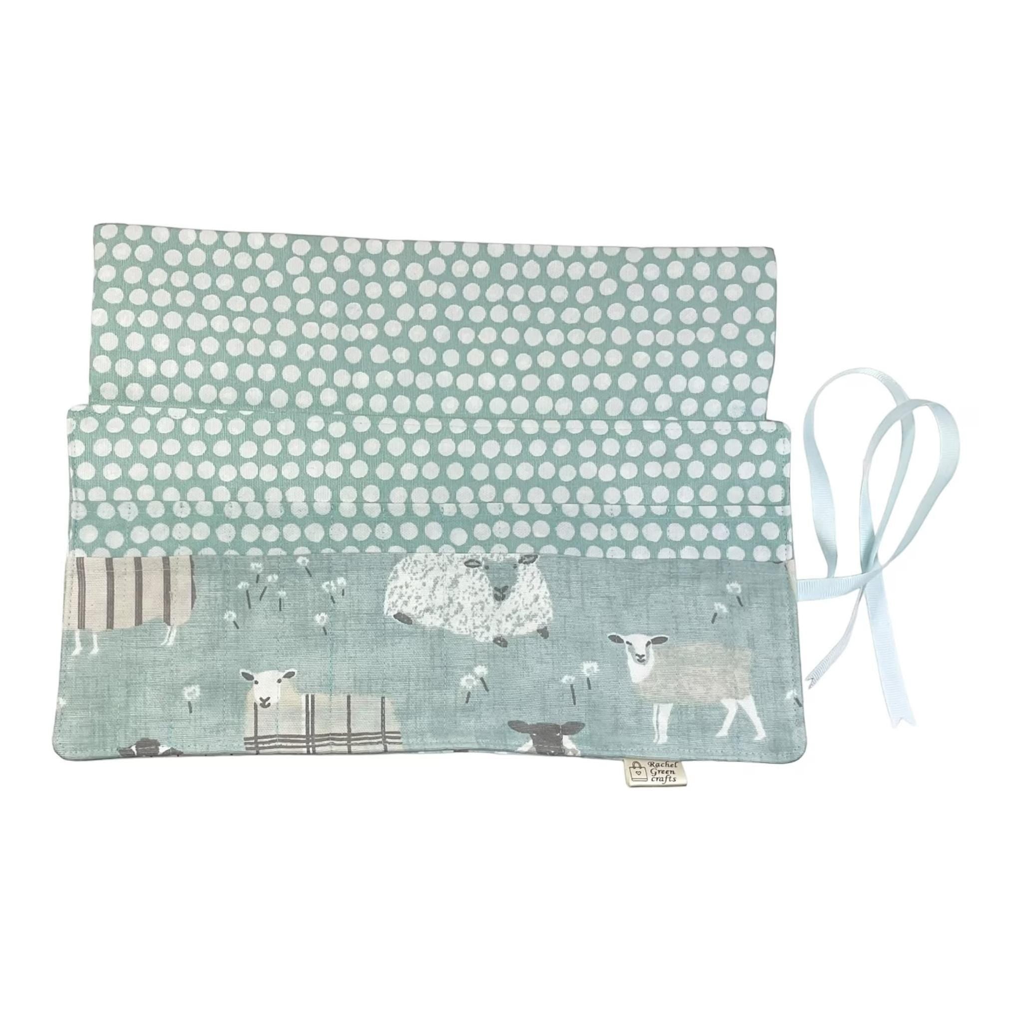Crochet hook case with blue sheep, ergonomic hook organiser, roll up case, Sheep lover gift, knitters gift, Crochet gift,  hook storage