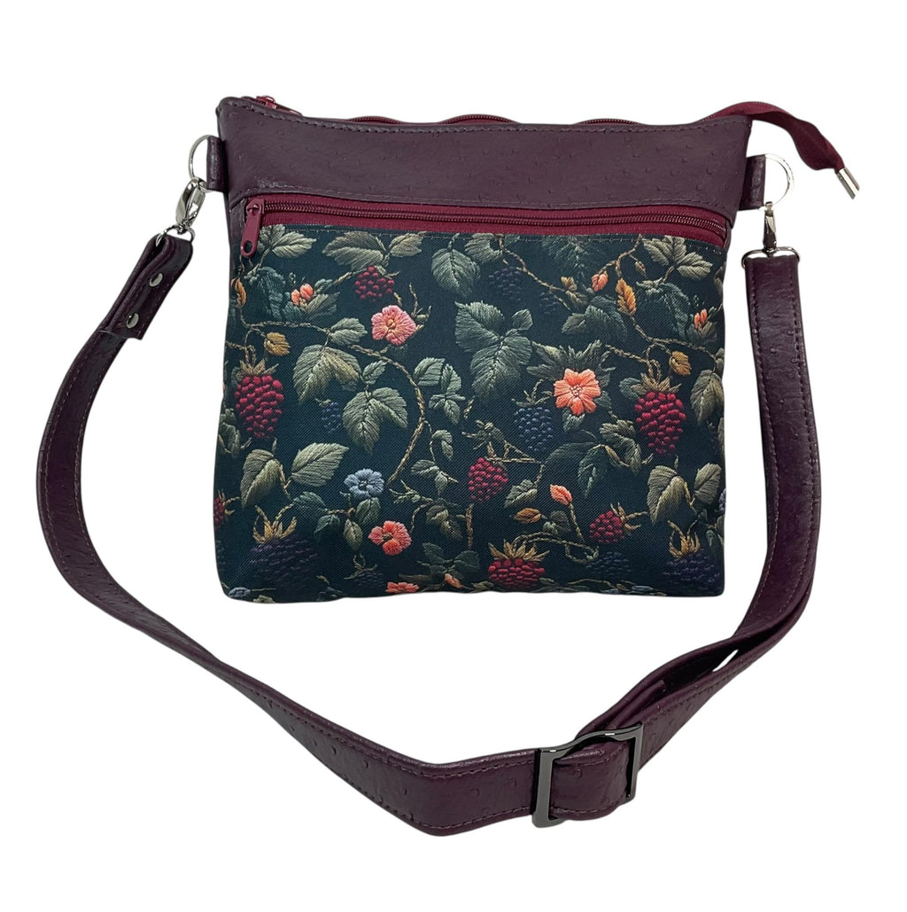 Handbag in faux Leather and floral bramble fabric, raspberry and blackberry fuit medium sized zip top shoulder crossbody