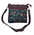 Handbag in faux Leather and floral bramble fabric, raspberry and blackberry fuit medium sized zip top shoulder crossbody