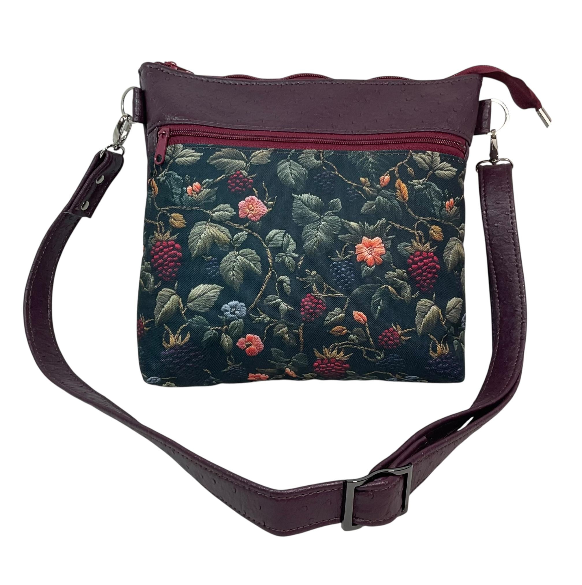 Handbag in faux Leather and floral bramble fabric, raspberry and blackberry fuit medium sized zip top shoulder crossbody