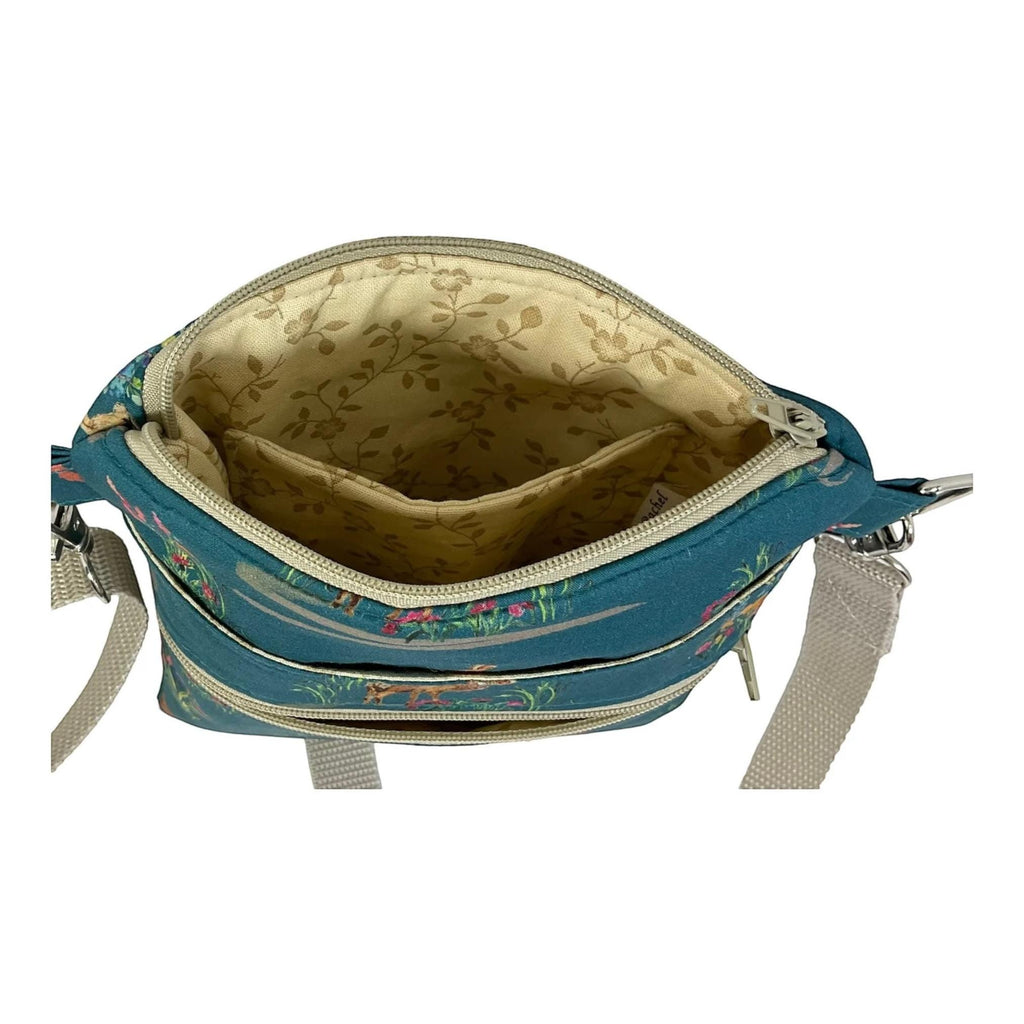 Liberty fabric slim phone shoulder bag with multi pockets, teen messenger style floral phone pouch, mini clutch bag, clubbing festival bag,