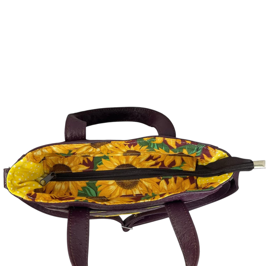 Handbag in faux leather and Sunflower floral print, vegan ladies gift, handles and crossbody strap bag, rectangular shoulder zip pouch,