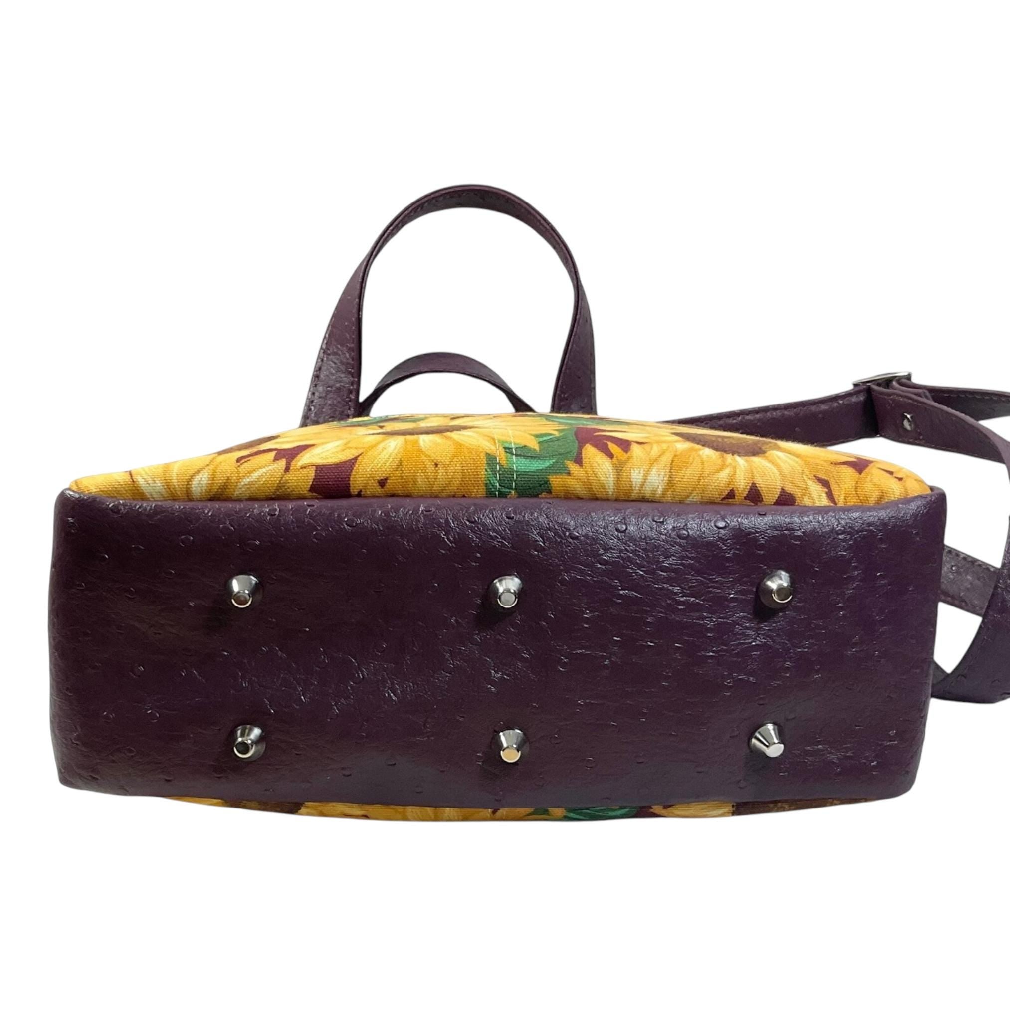 Handbag in faux leather and Sunflower floral print, vegan ladies gift, handles and crossbody strap bag, rectangular shoulder zip pouch,
