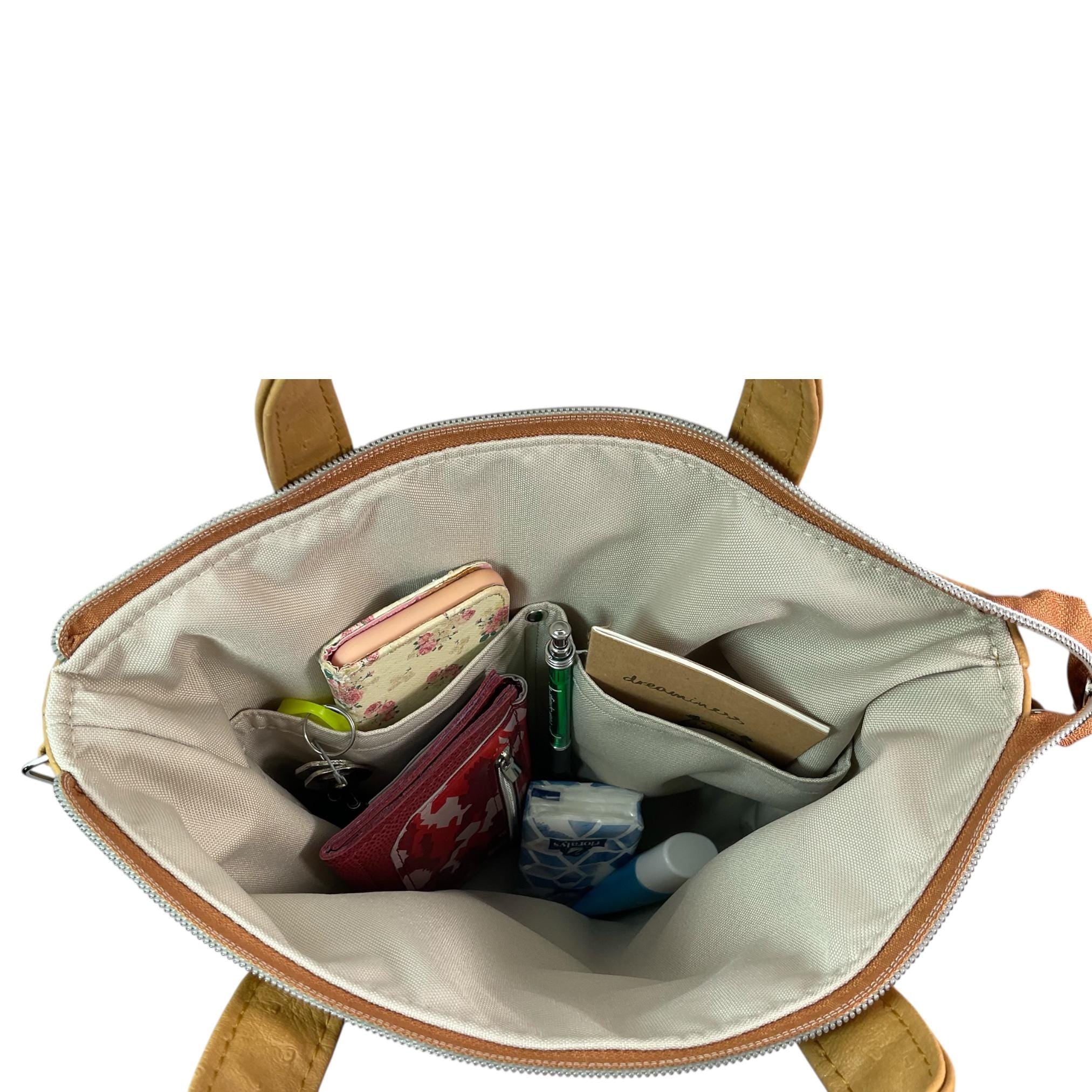 Handbag in faux Leather and blue British wool fabric, medium tote style zip top shoulder crossbody with carry handles