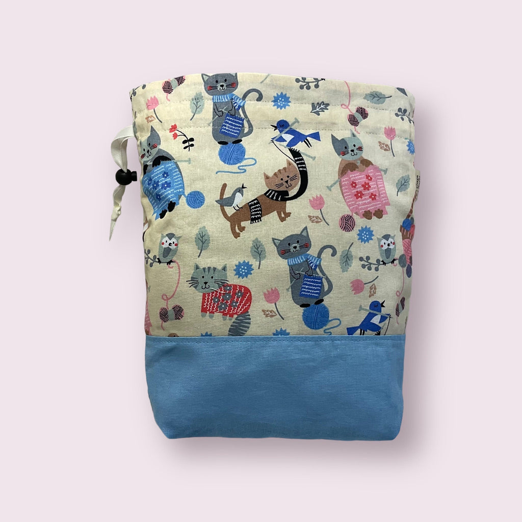 Two at a time knitting bag with cats, medium sock sack, blue drawstring divided, shoe, toiletries, work in progress bag , WIP bag
